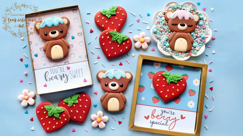 Cute Bear & Strawberry Heart Cookie Template